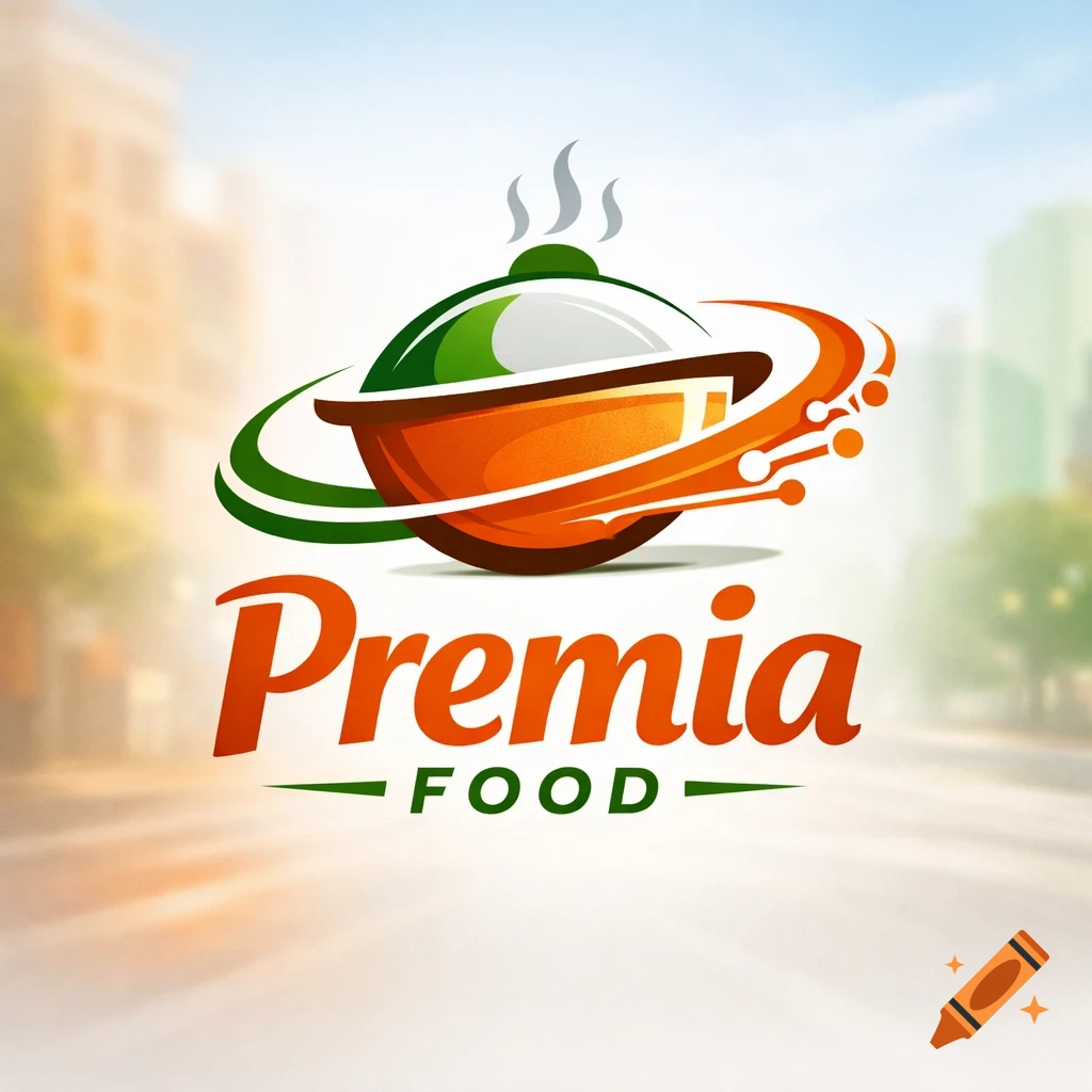 Logo for 'Premia Food' featuring a stylized orange cooking pot with a green lid, steam, and an encircling swirl.
