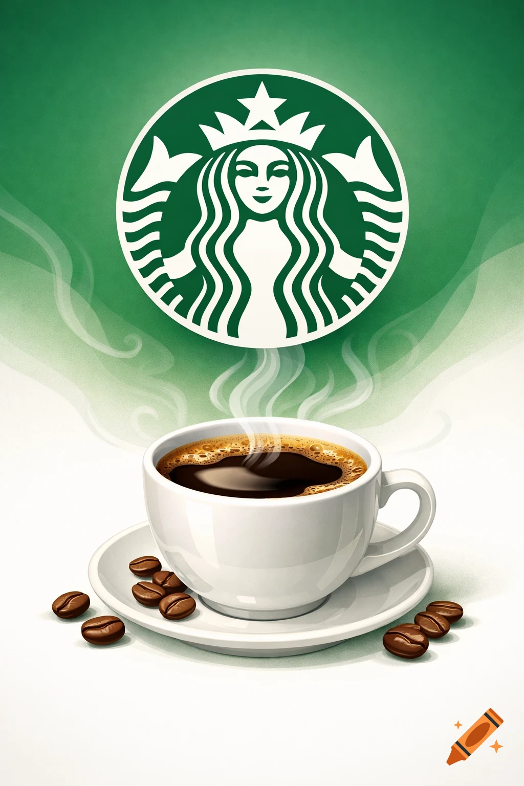 A white cup of steaming black coffee and scattered coffee beans below the white Starbucks siren logo on a green background, poster style.