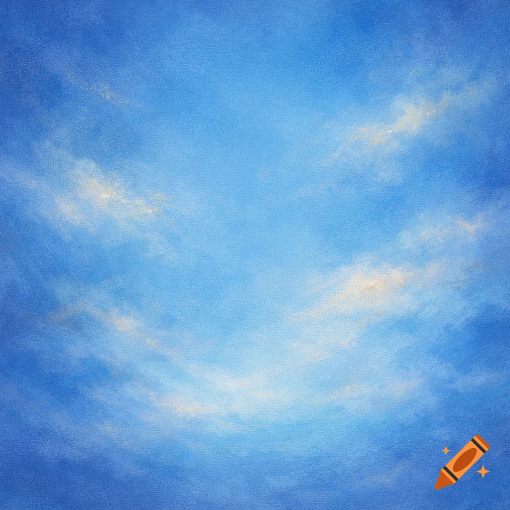 A blue sky with subtle white and yellow clouds, rendered in a soft, painterly style.