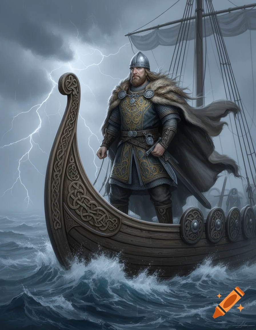A formidable Viking warrior stands on a longboat amidst a stormy sea with lightning, in a dramatic, detailed illustration.
