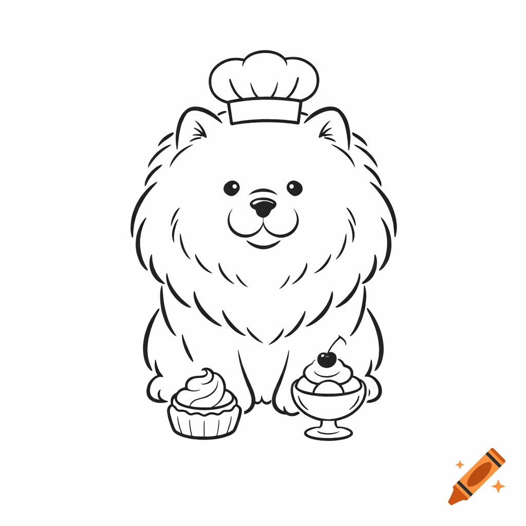 Monochrome line art drawing of a cute chow-chow dog in a chef hat with a cupcake and ice cream sundae.