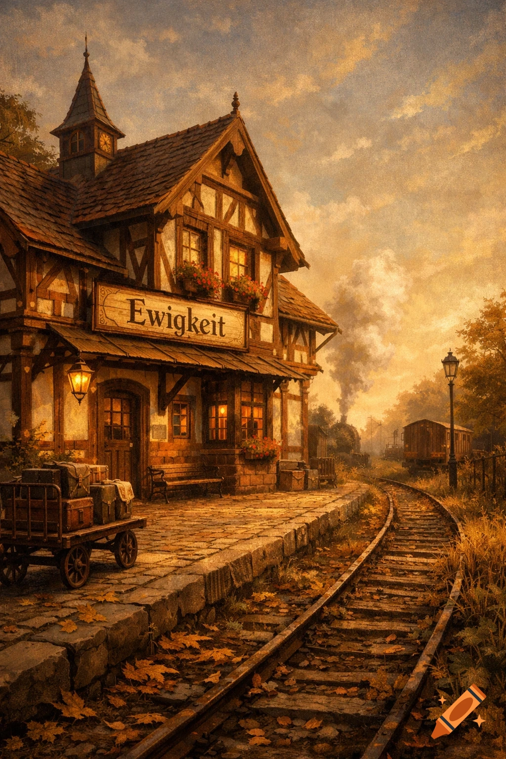 Rustic train station with 'Ewigkeit' sign, tracks, and a train in the distance, bathed in warm autumn light.