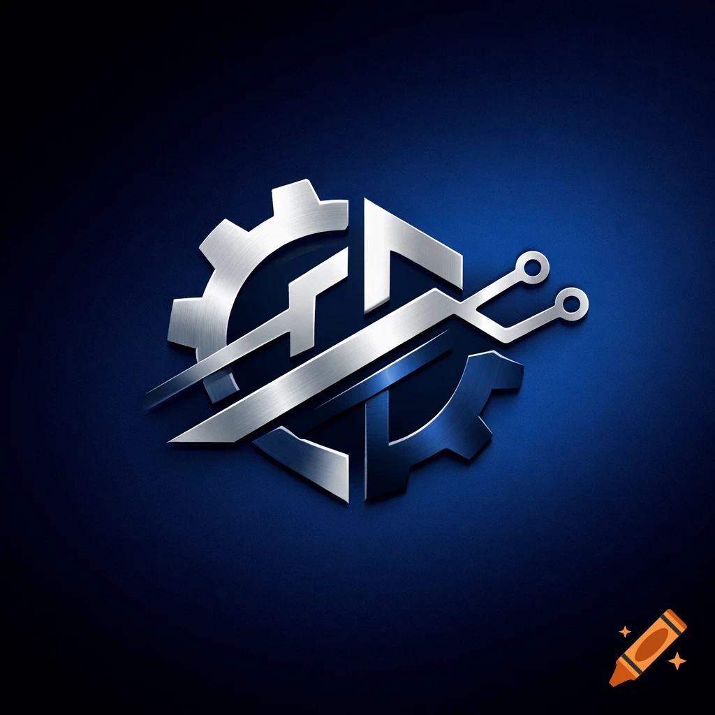 A metallic silver and blue logo featuring a gear and circuit board elements on a dark blue background.