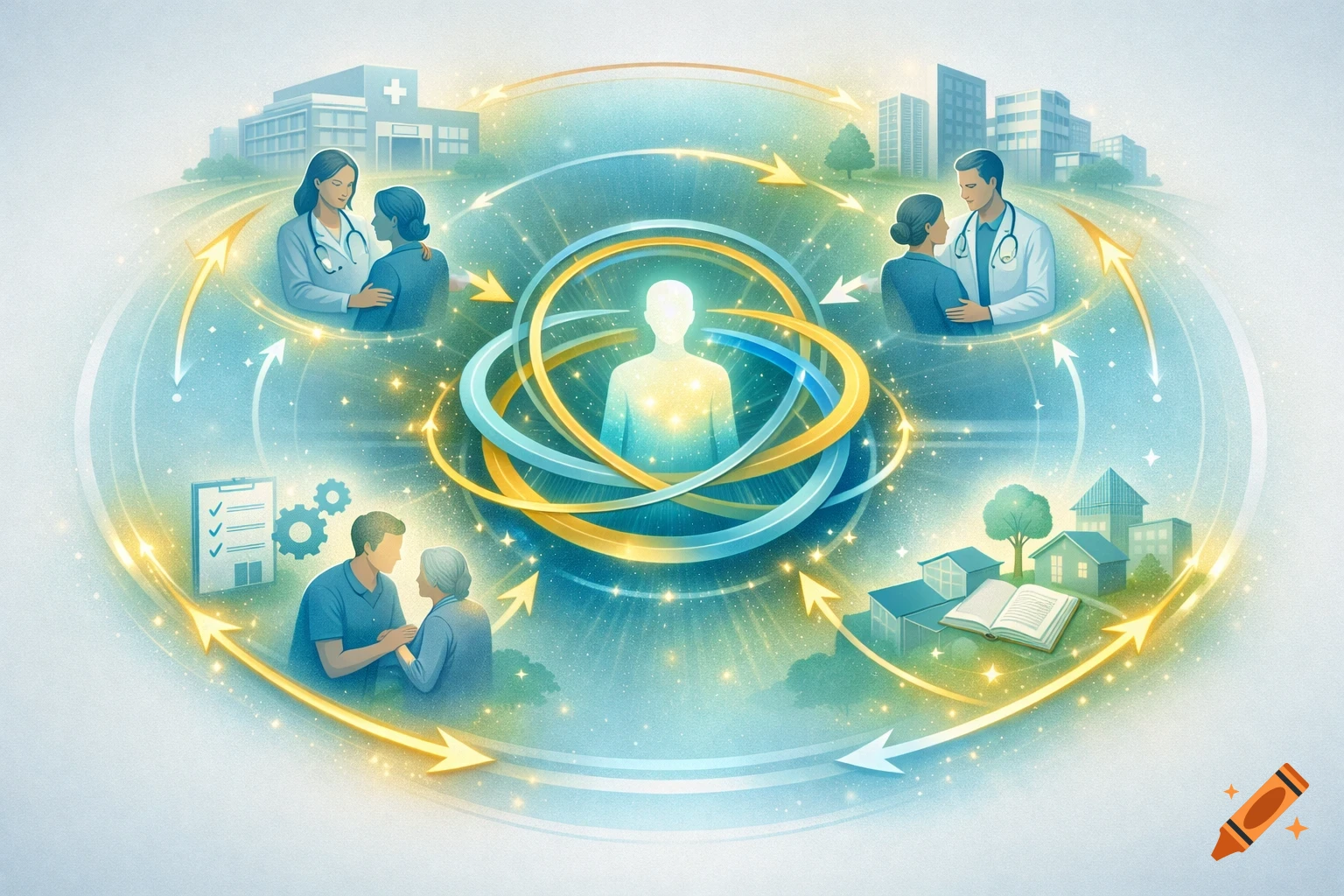 Stylized illustration of person-centered healthcare. A glowing figure is connected by arrows to doctors, patients, and communities.