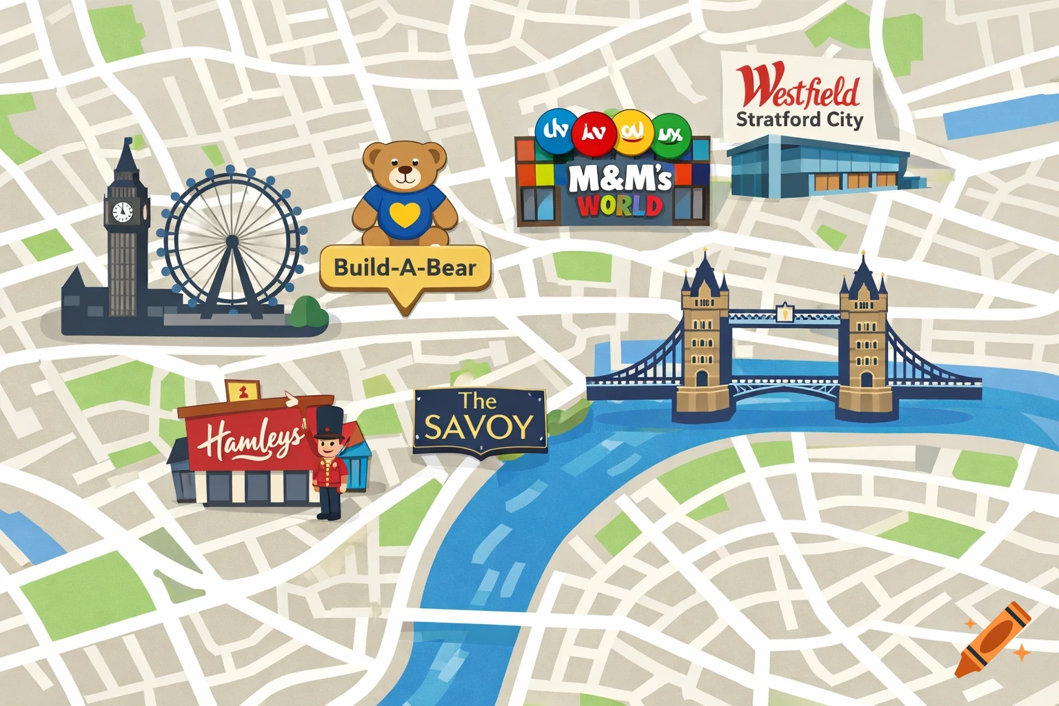 A stylized map of London featuring various landmarks and stores, including Big Ben, London Eye, Tower Bridge, Build-A-Bear, Hamleys, The Savoy, M&M's World, and Westfield Stratford City.