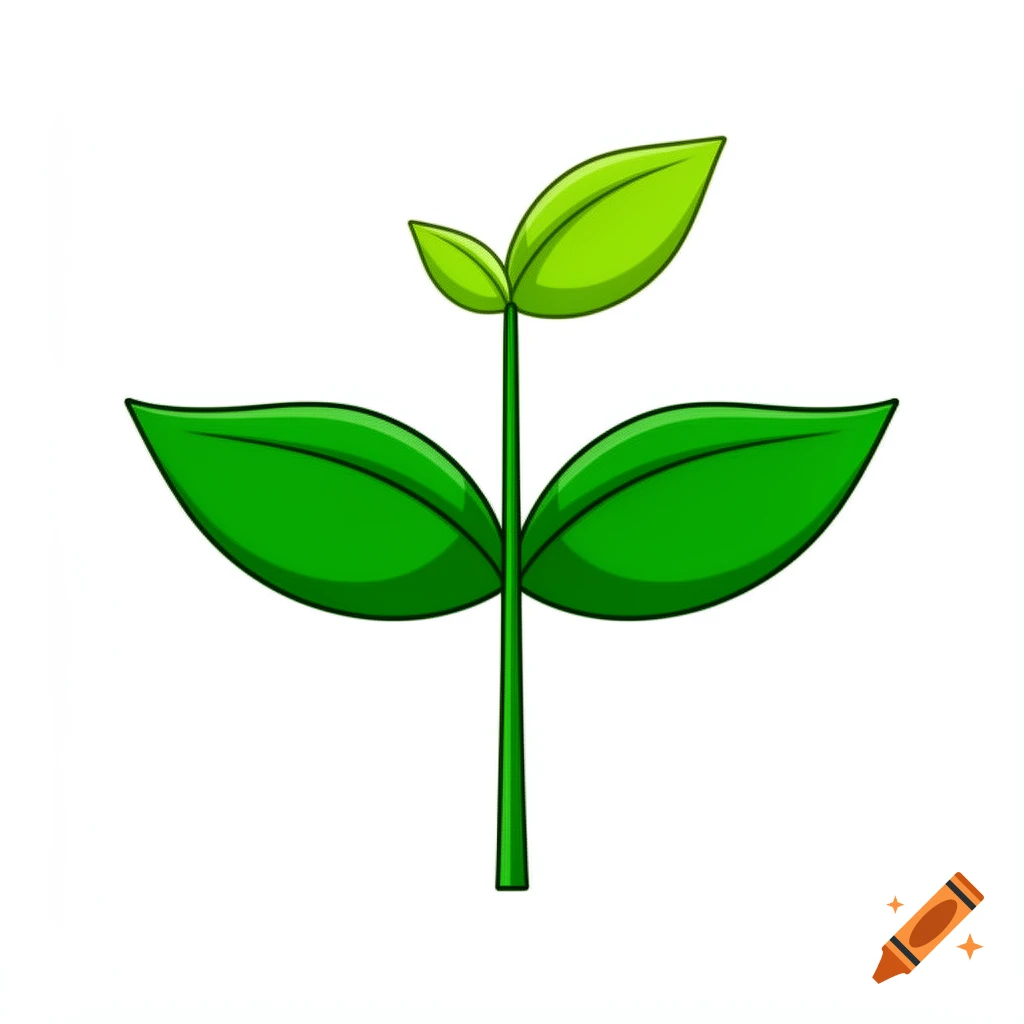 A simple cartoon illustration of a green plant sprout with two large leaves near the base and two smaller leaves at the top, on a white background.