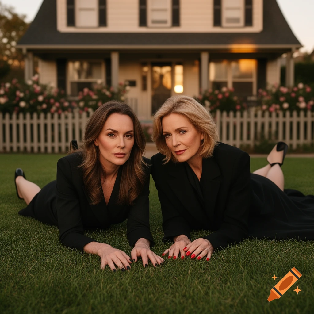 Two women in black outfits with contrasting nail polish lie on green grass in front of a house.