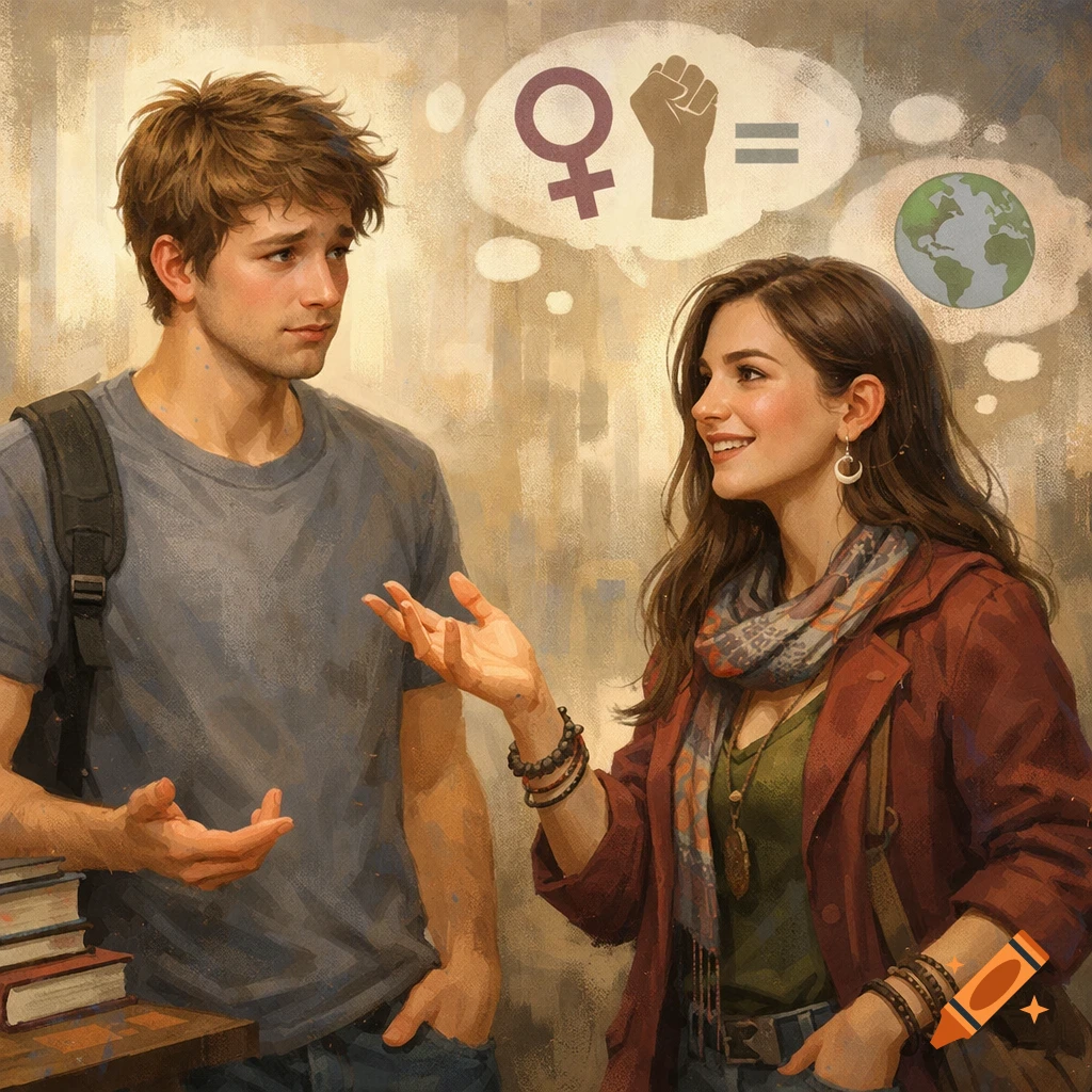 An illustration of a woman discussing social issues with a man, shown with thought bubbles representing feminism and global concerns.