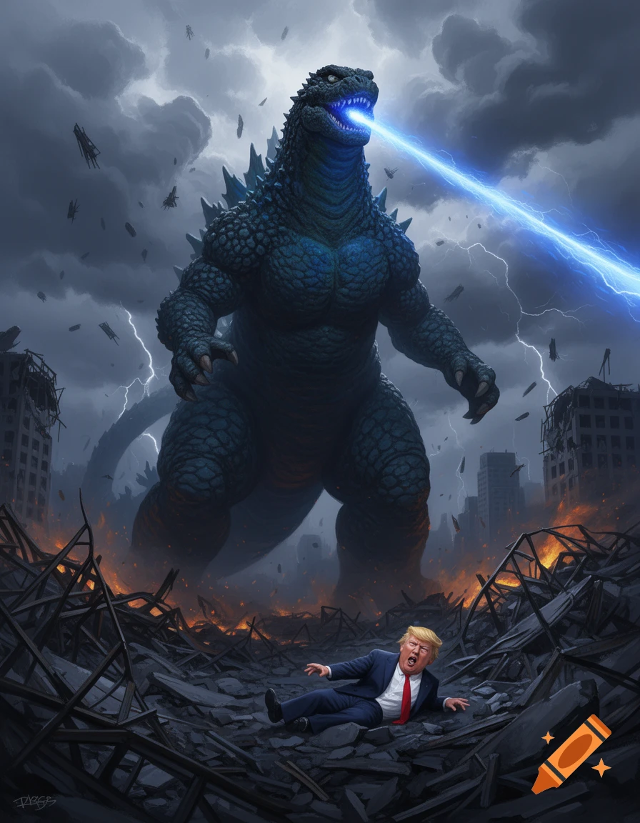 Godzilla fires atomic breath in a destroyed city, looming over a frightened Donald Trump lying on rubble. Digital art.