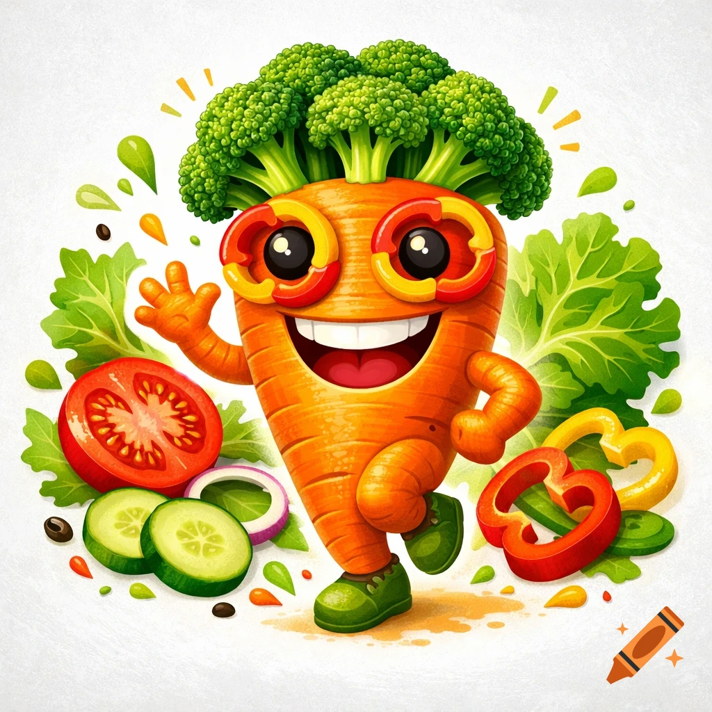 A cheerful, cartoon carrot character with broccoli hair waves, surrounded by fresh vegetables like tomatoes and bell peppers.