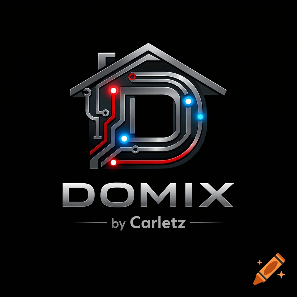 Metallic logo with a house, circuit board traces, letter D, and glowing lights. Text says 'DOMIX by Carletz'.