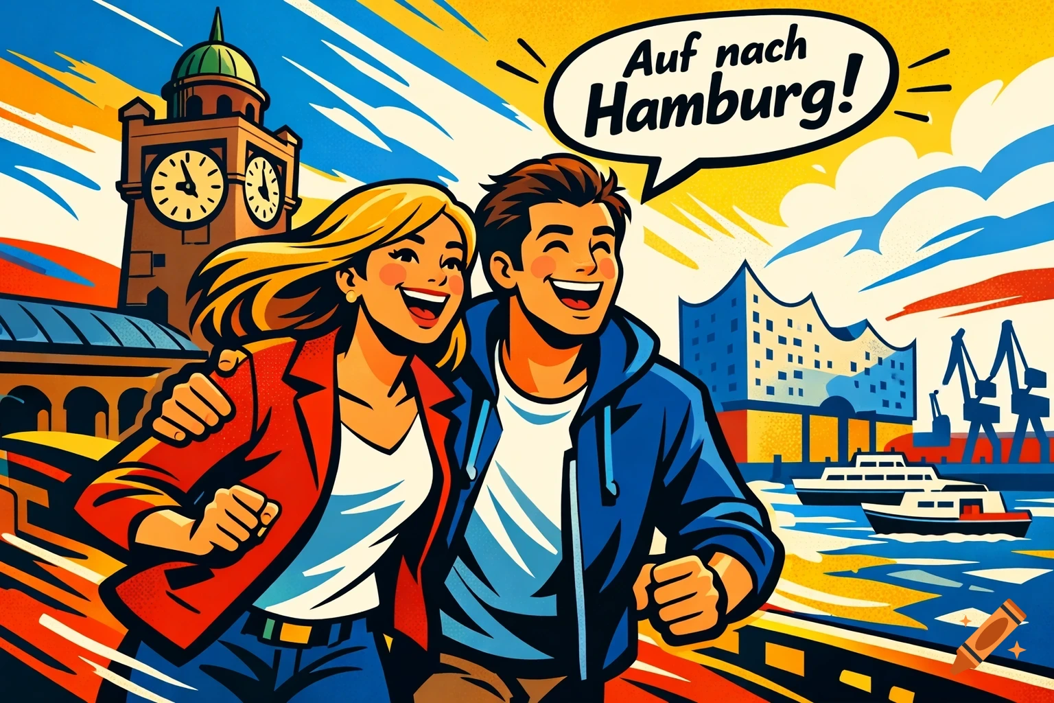 A happy couple walking arm-in-arm in a vibrant comic style, with a clock tower and city skyline, saying 'Auf nach Hamburg!'