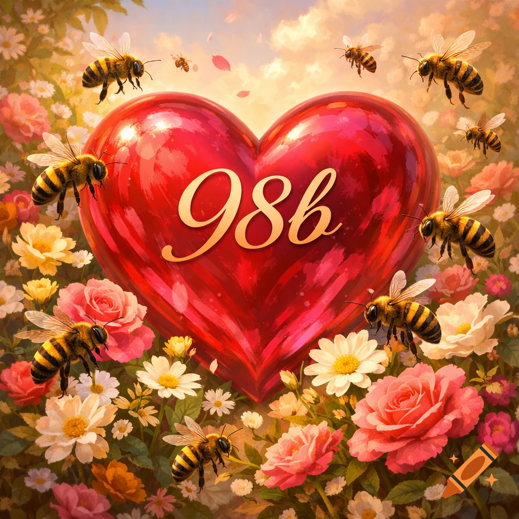A vibrant red heart with '98b' inscribed, surrounded by yellow and pink flowers, and numerous bees flying around.