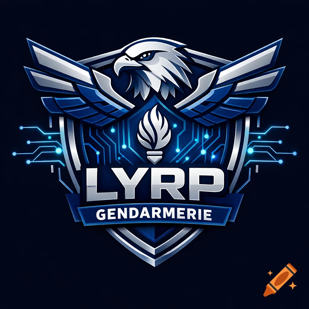 A stylized blue and silver emblem featuring an eagle, a torch, circuit patterns, and the text 'LYRP GENDARMERIE'.