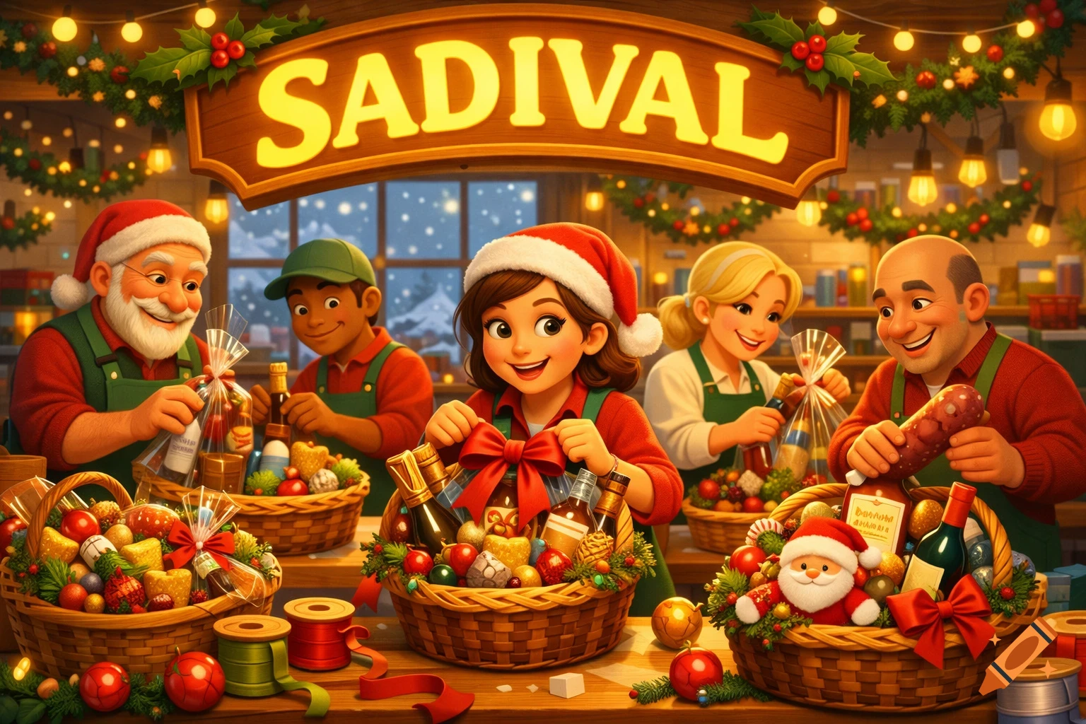 Cartoon of cheerful workers in Santa hats preparing Christmas gift baskets in a festive shop with a 'SADIVAL' sign.