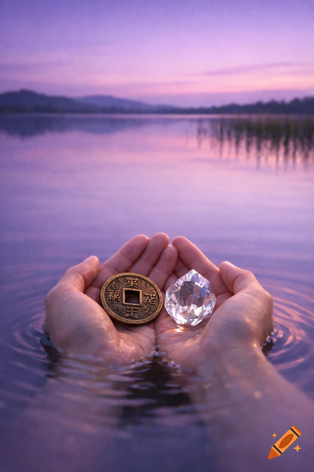 Hands emerge from calm, reflective water, holding an antique Chinese coin and a faceted crystal under a purple sunset.