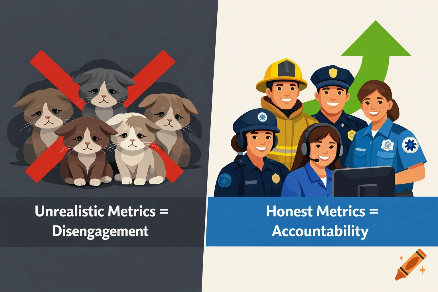Split illustration. Left: sad kittens, red X, text 'Unrealistic Metrics = Disengagement'. Right: smiling emergency personnel, green arrow, text 'Honest Metrics = Accountability'.