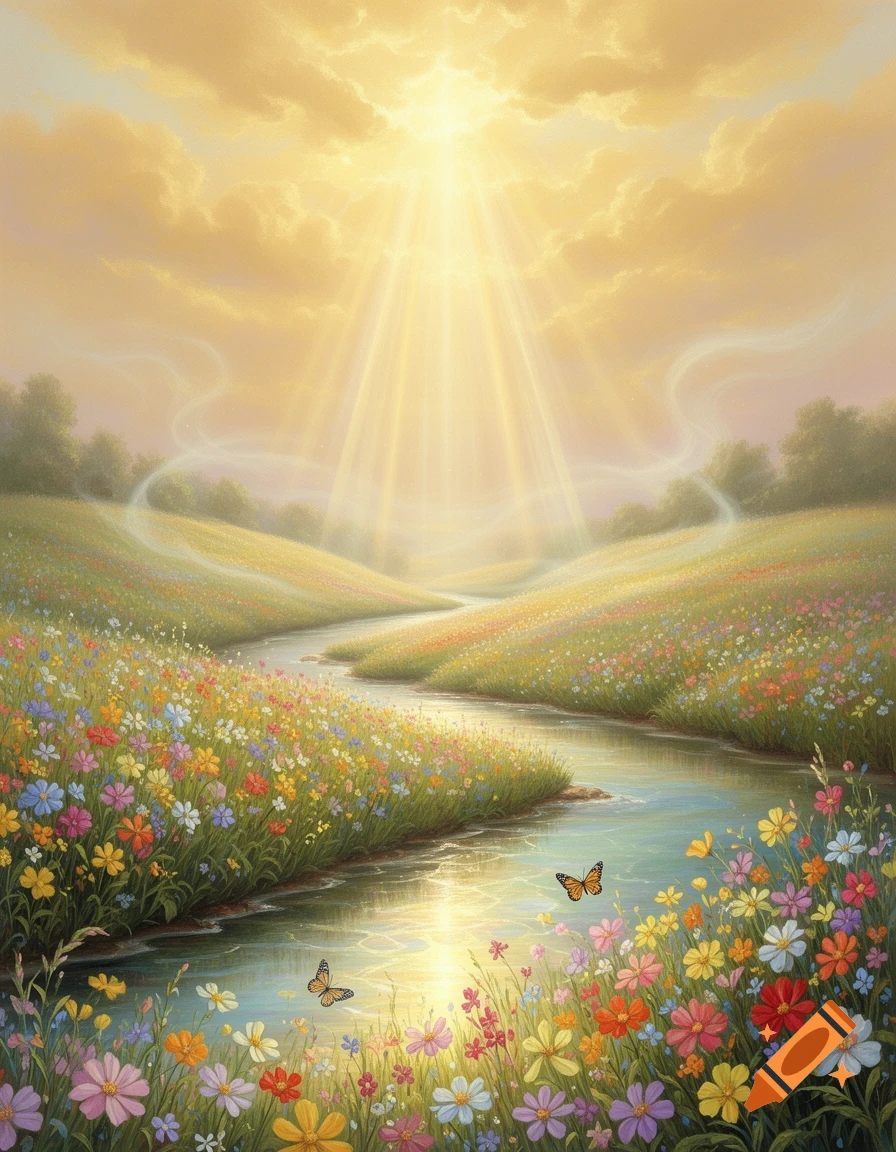 A radiant landscape with a winding river flowing through a field of colorful wildflowers, bathed in bright sunlight from golden clouds.