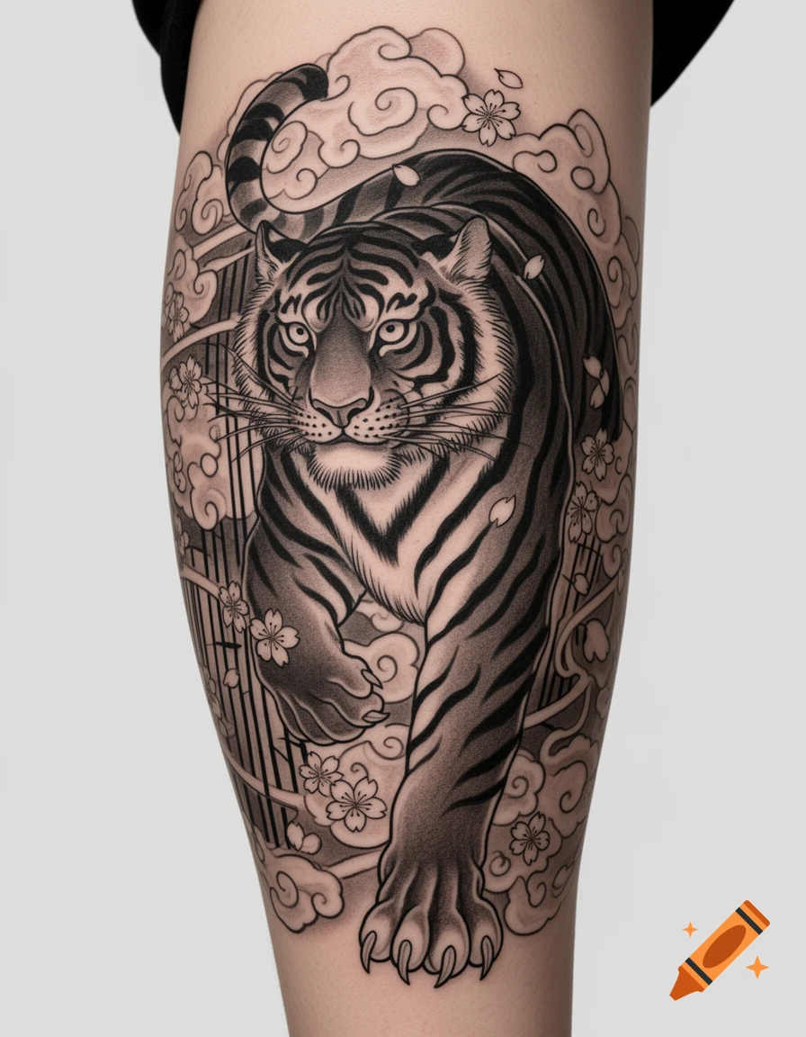 Black and grey traditional Japanese Irezumi tiger tattoo on a leg, with clouds and cherry blossoms.