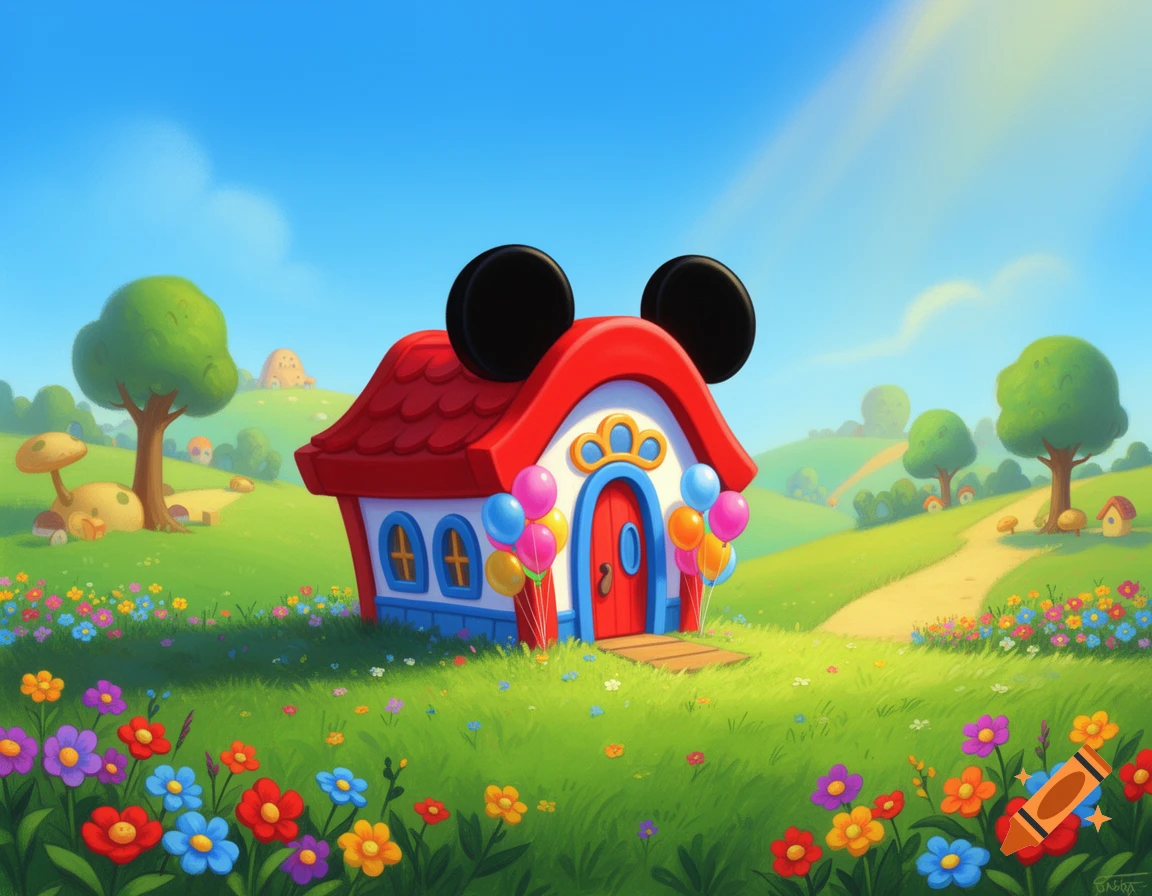 A cartoon house with Mickey Mouse ears on the roof, surrounded by a vibrant green field with colorful flowers and trees under a blue sky.