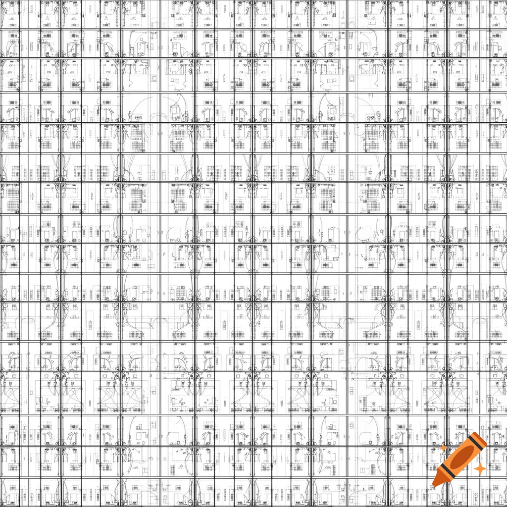 Seamless black and white architectural pattern with a grid of repeating modular floor plan fragments in a technical drawing style.