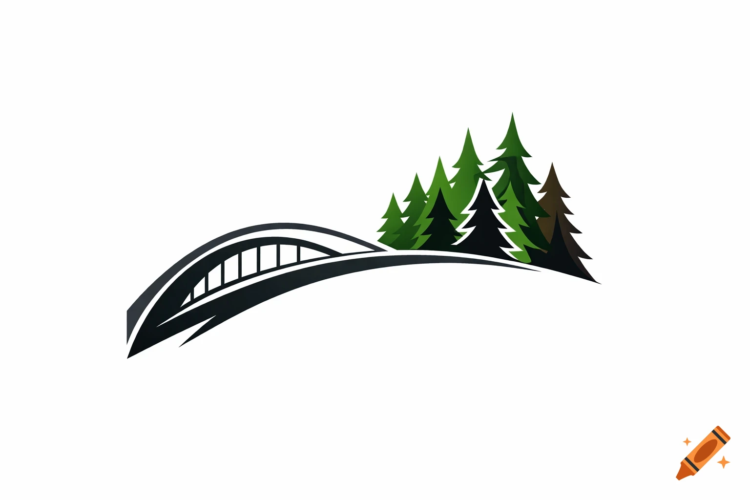 Vector art logo of a dark grey bridge leading to green pine trees.