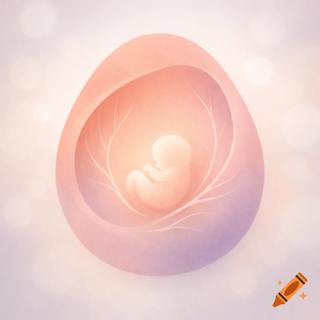 Stylized illustration of a glowing embryo inside a pink and purple womb-like egg shape.