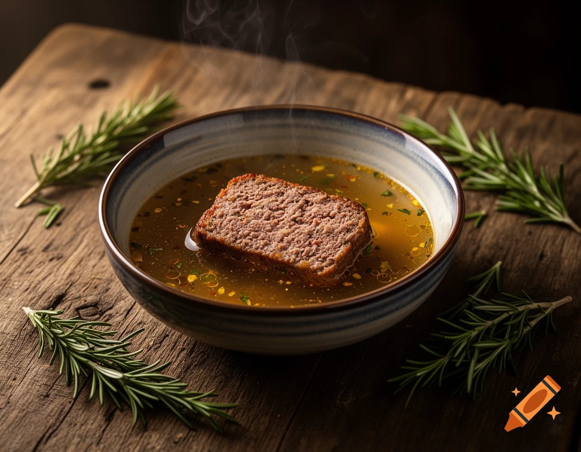 Photorealistic image of a piece of meatloaf in a steaming bowl of soup broth on a rustic wooden table with rosemary sprigs.
