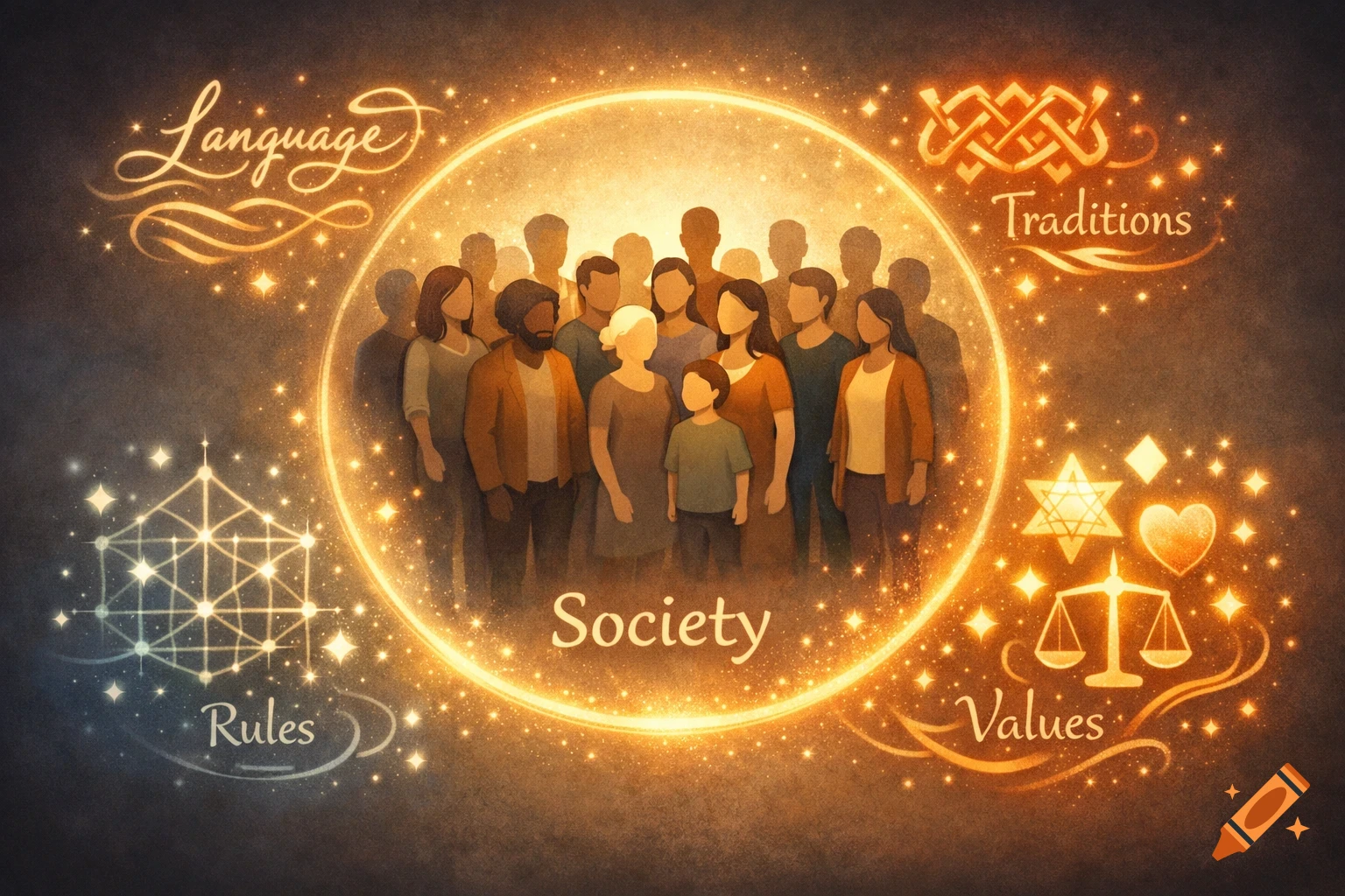 Diverse people in a glowing circle labeled 'Society', surrounded by 'Language', 'Traditions', 'Rules', 'Values' and symbolic elements.