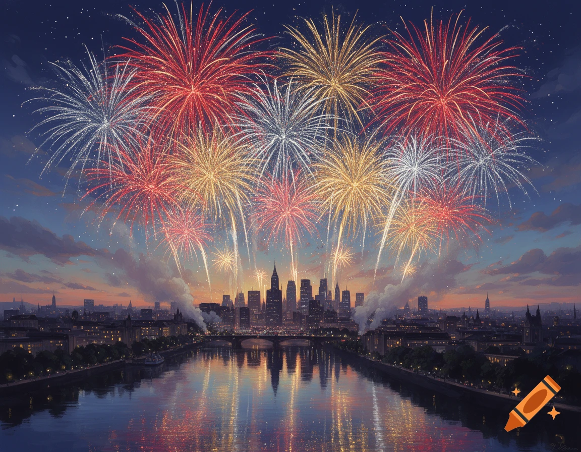 Colorful fireworks light up the night sky over a metropolitan city skyline, with reflections in the river below.