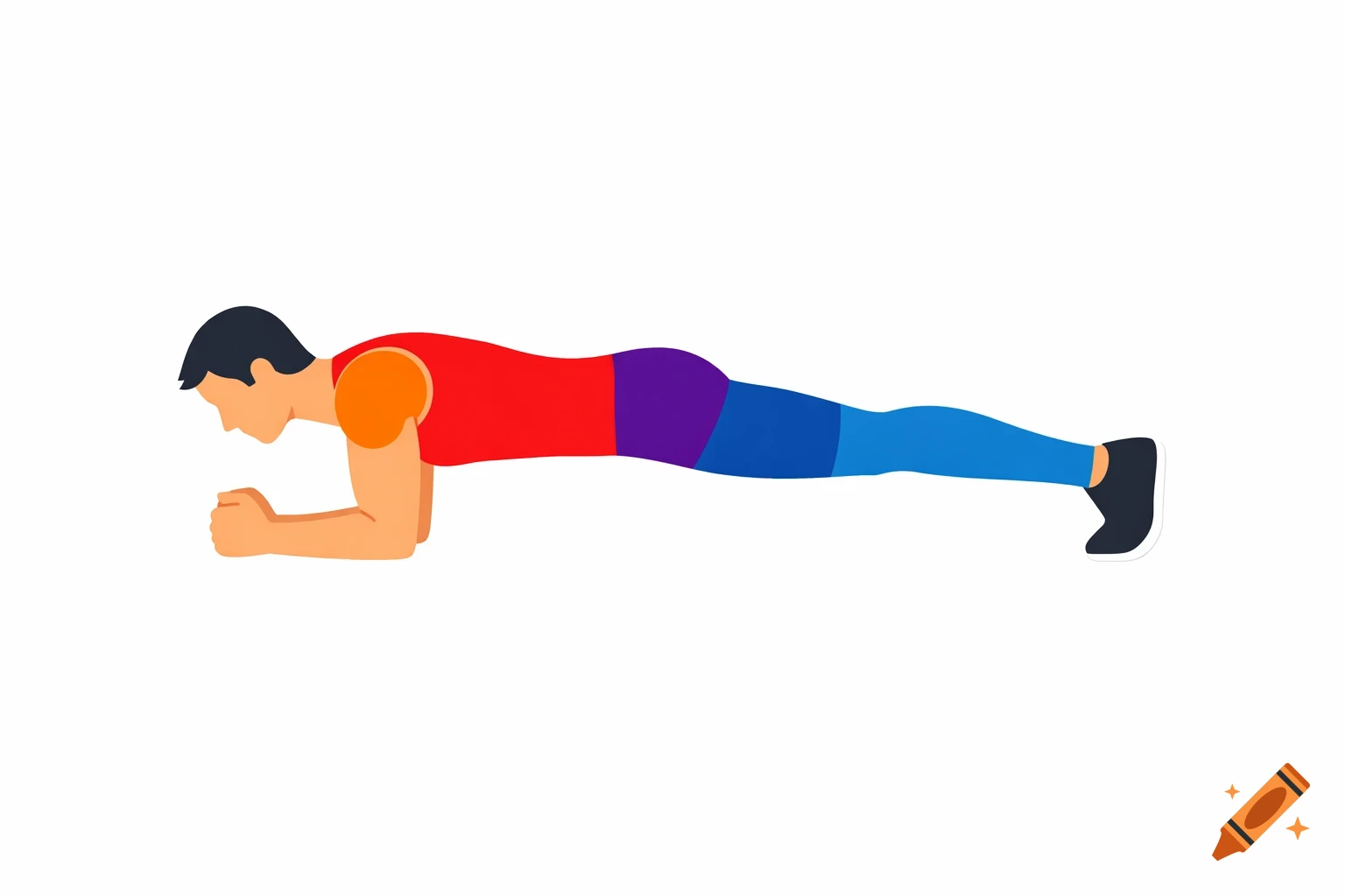 Infographic-style illustration of a person doing a plank exercise, highlighting muscle groups in different colors.