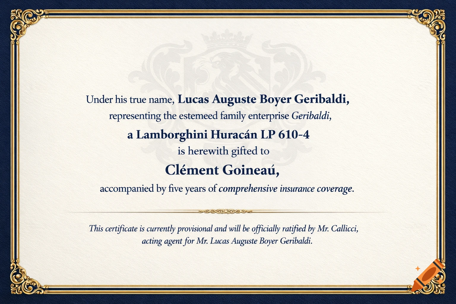 A formal certificate with a blue and gold ornate border on an off-white background, presenting text about gifting a Lamborghini and insurance coverage.