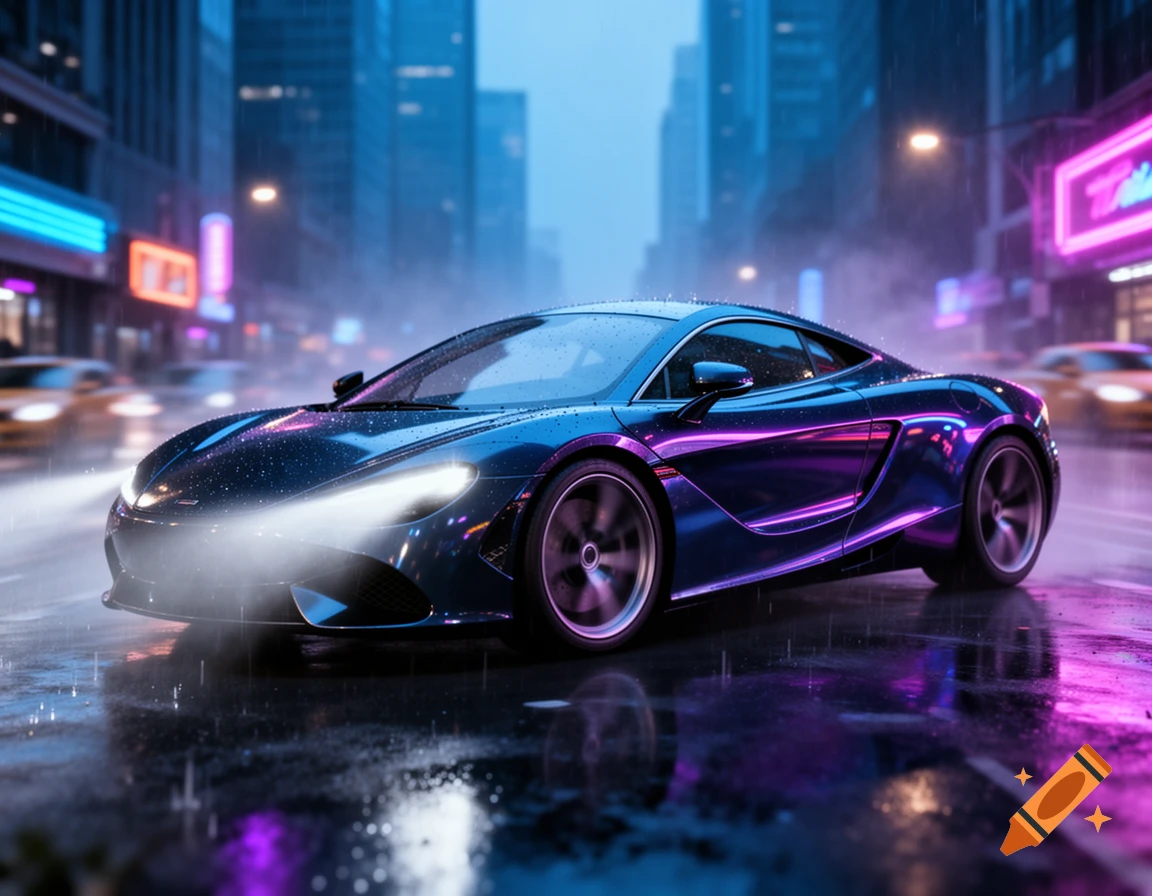 A blue and purple sports car with glowing headlights drives through a rainy city street at night, illuminated by neon signs, in a photorealistic style.