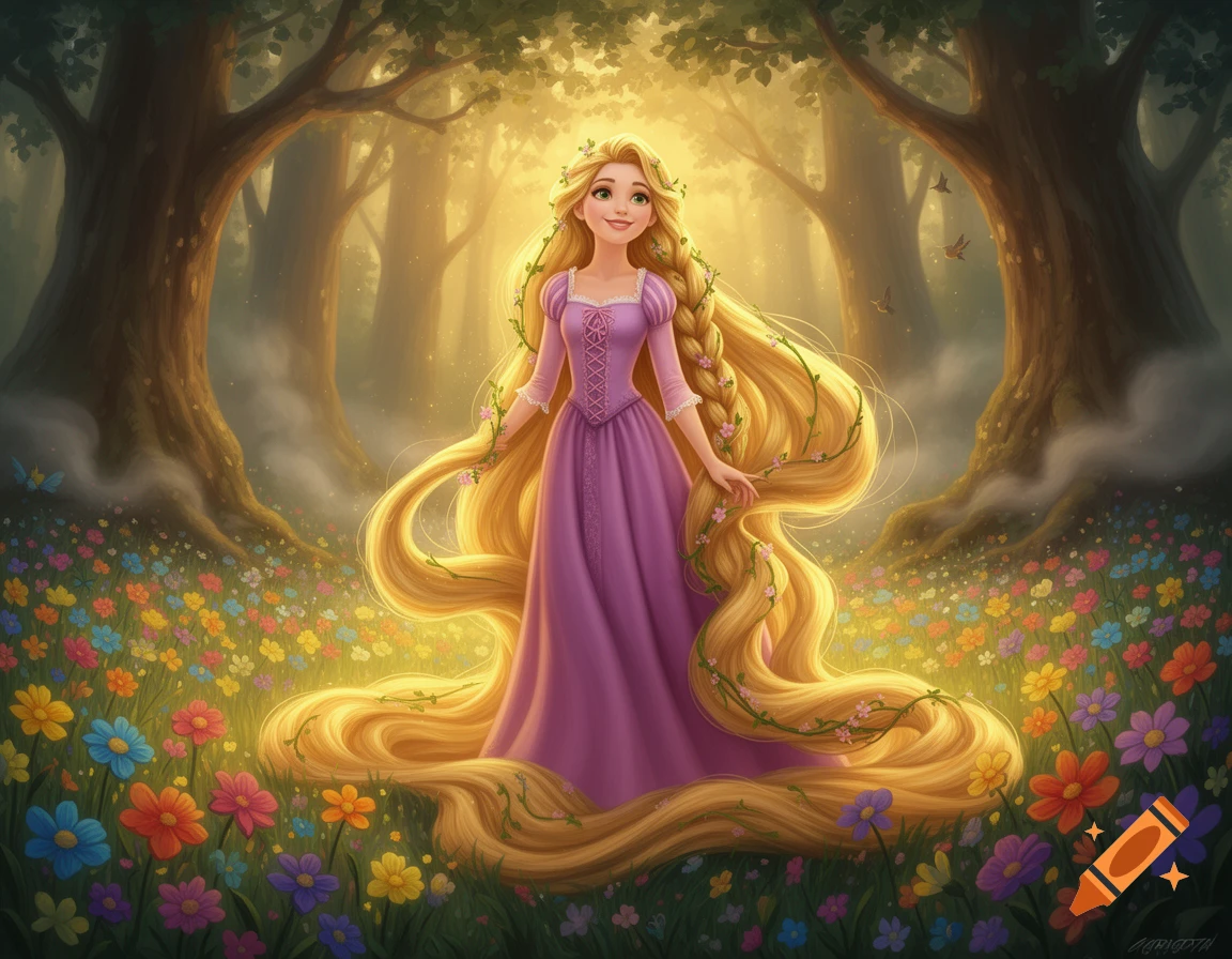 Colorfuln Princess A smiling long-haired princess in a purple dress stands in an enchanted ...