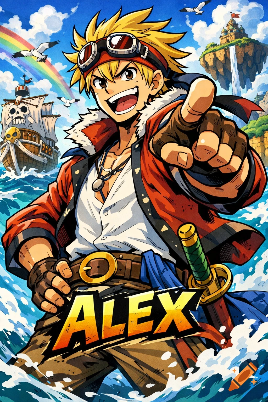 Smiling anime pirate boy with blonde hair, pointing, amidst choppy seas with a skull ship, rainbow, and floating castle. Text 'ALEX'.