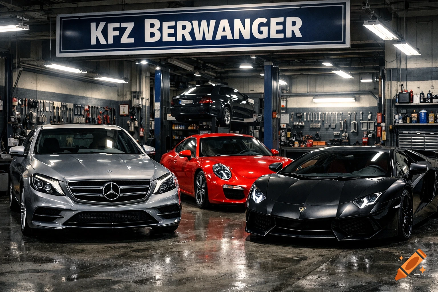 Luxury cars (Mercedes, Porsche, Lamborghini) parked in a brightly lit car repair shop with a "KFZ BERWANGER" sign.