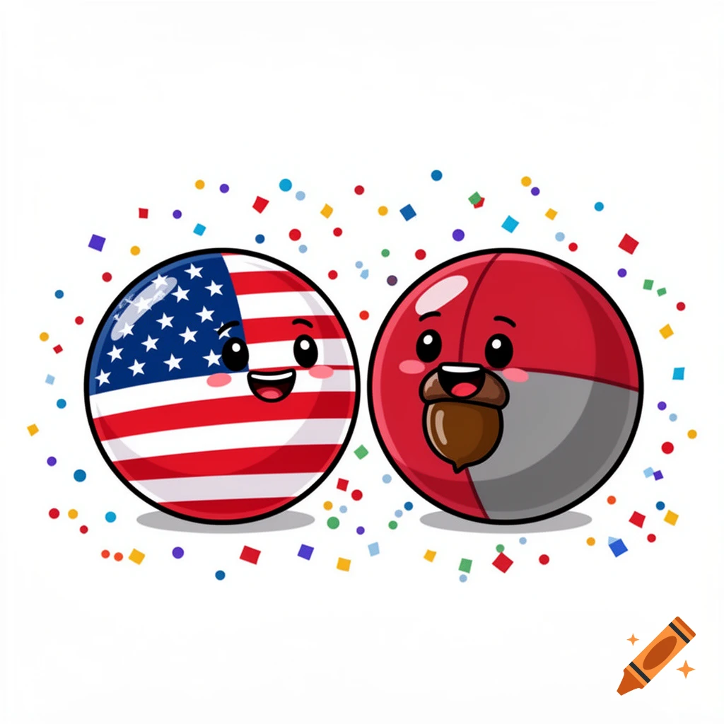Two smiling, cartoon-style country balls, one USA flag and one red and gray with an acorn, surrounded by confetti.