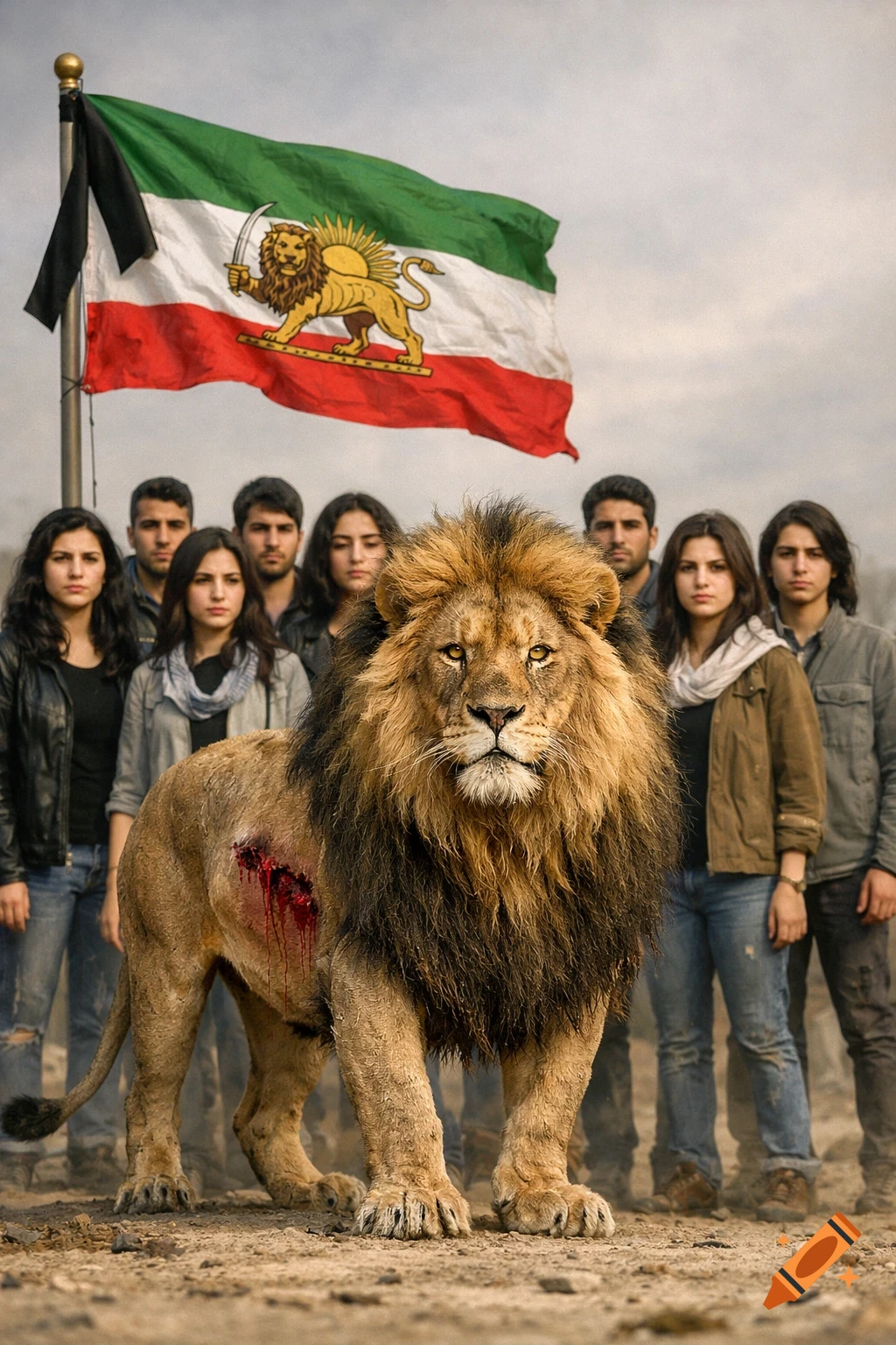 A photorealistic image of a wounded male lion standing in front of young Iranian men and women, with an imperial Iranian flag behind them.