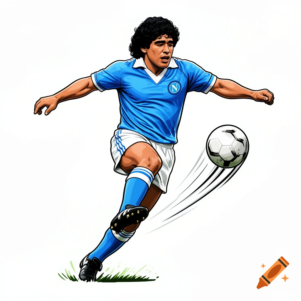 Cartoon Maradona in a blue and white uniform, kicking a soccer ball. Clipart style.