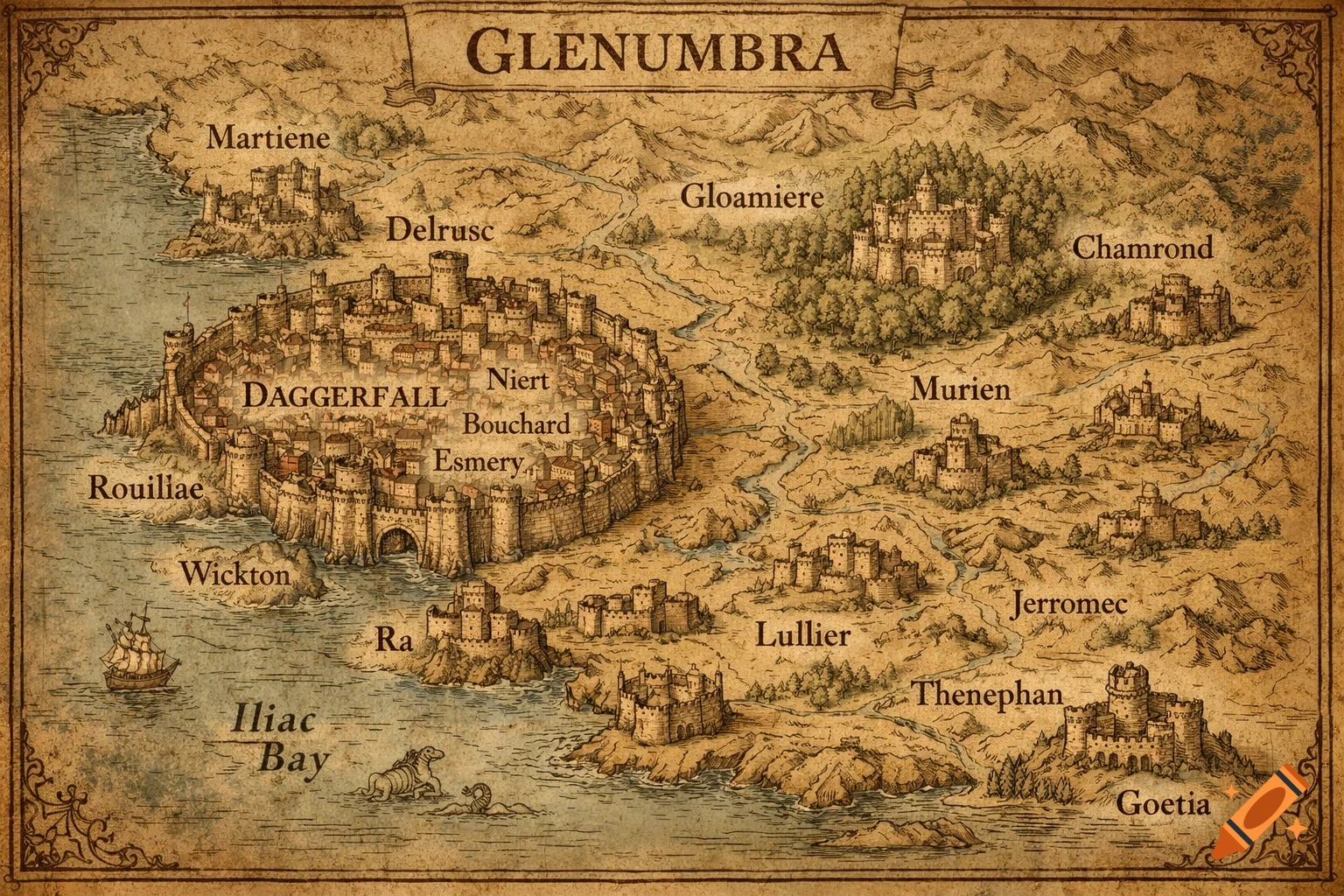 An old, detailed fantasy map of the region of Glenumbra, featuring the large walled city of Daggerfall on the coast, surrounded by smaller towns and castles, mountains, rivers, and forests. A ship sails in Illic Bay.