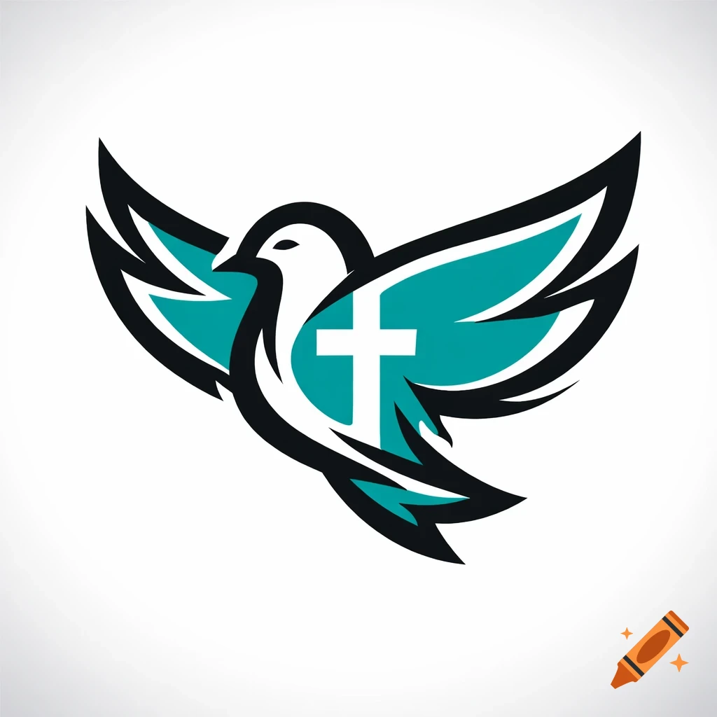 Stylized white dove logo with outstretched teal wings and a white cross on one wing.