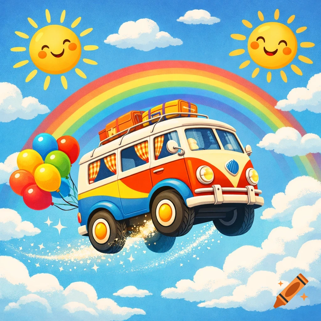 A whimsical, colorful cartoon van flies through a bright blue sky with balloons, two smiling suns, a rainbow, and white clouds, trailing sparkles.