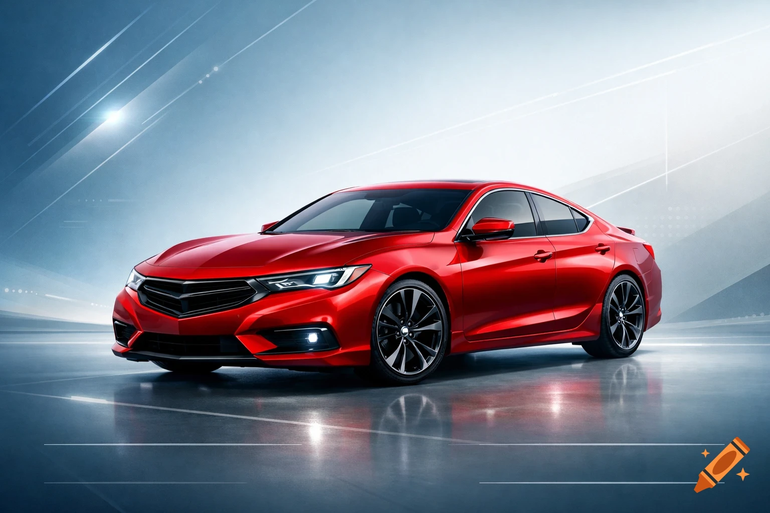 A glossy red modern sedan with black wheels, parked on a reflective surface against a futuristic blue background with light streaks.