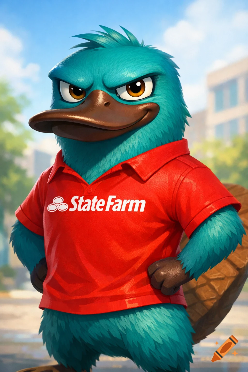 Vibrant cartoon illustration of a teal platypus, similar to Perry, wearing a red State Farm polo shirt outdoors.