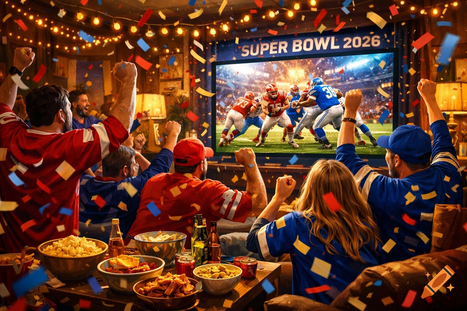 Group of friends cheering while watching a Super Bowl game on TV, surrounded by confetti and snacks at a lively game day party.