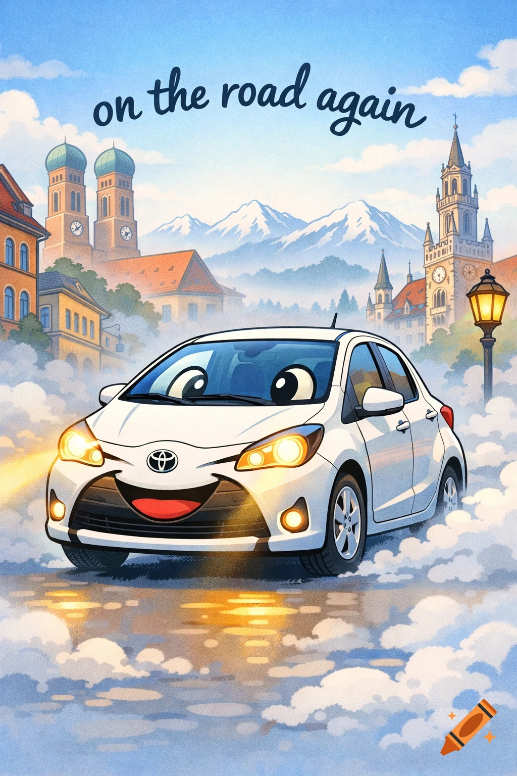 A smiling, cartoon-style white Toyota Yaris drives on a foggy street with Munich buildings and mountains, text reads "on the road again."