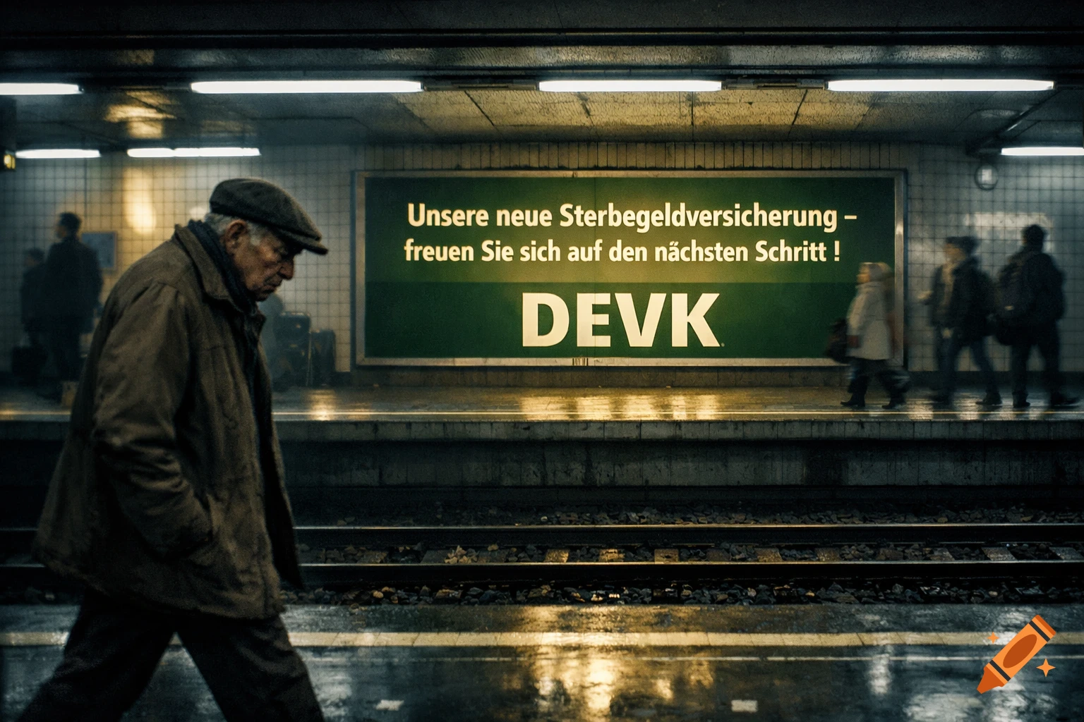 An old man walks past subway tracks in a dimly lit station, a green ad sign visible on the opposite platform.