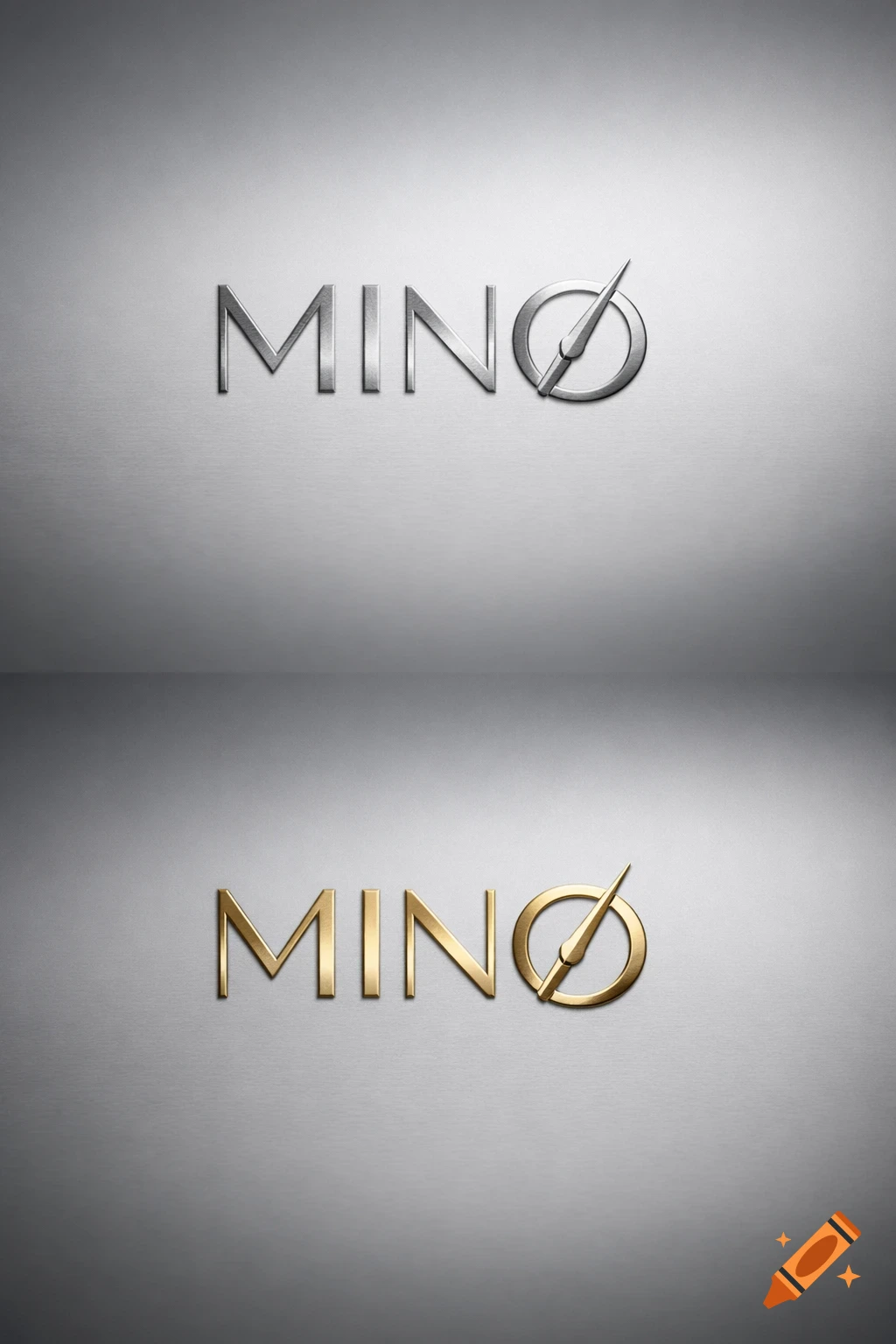 Two logos for MIN G, one silver and one gold, featuring a clock hand in the 'O', on a brushed metal background.