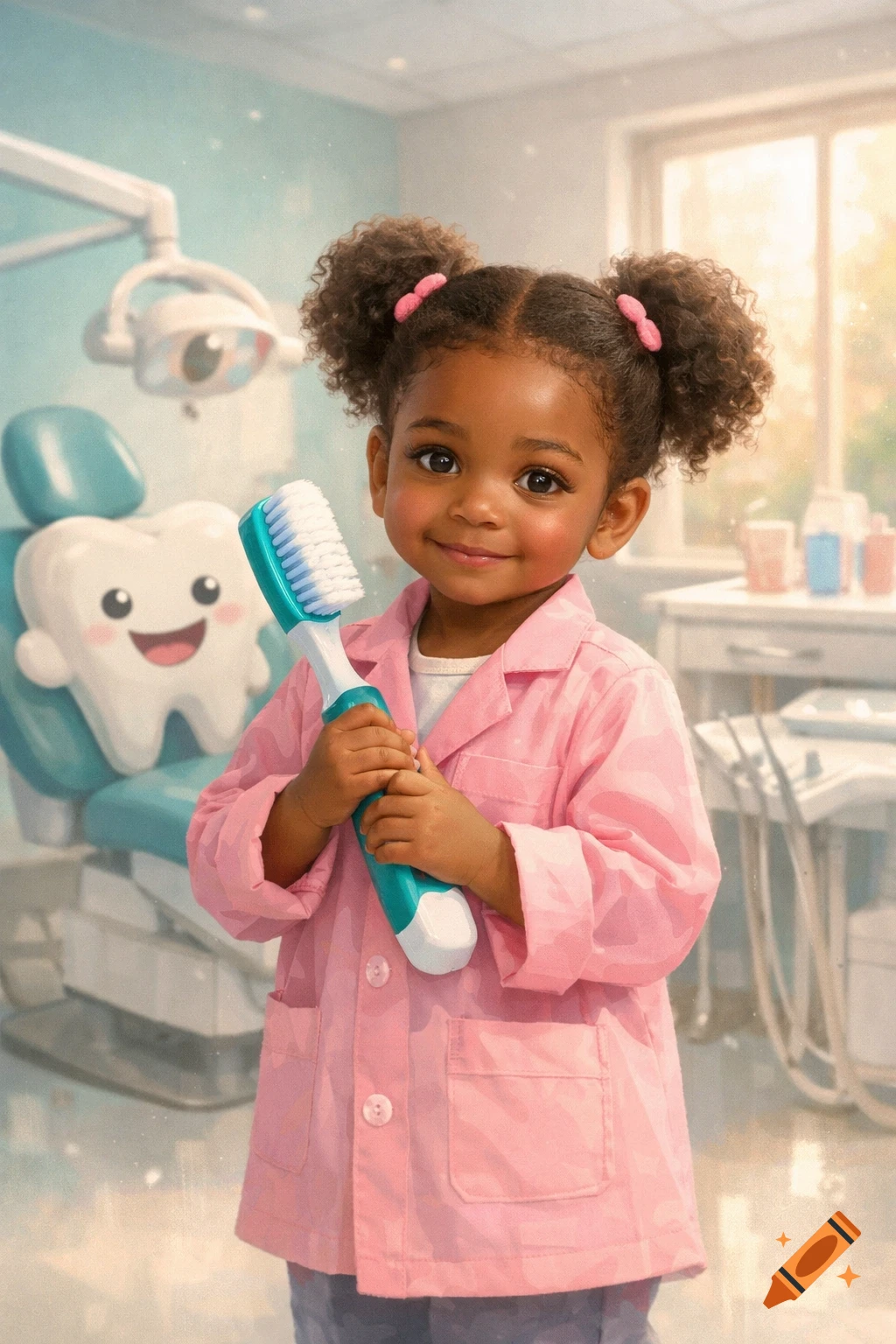 A smiling young Black girl in a pink lab coat holds a large toothbrush, standing in a brightly lit dentist's office with a cartoon tooth chair.