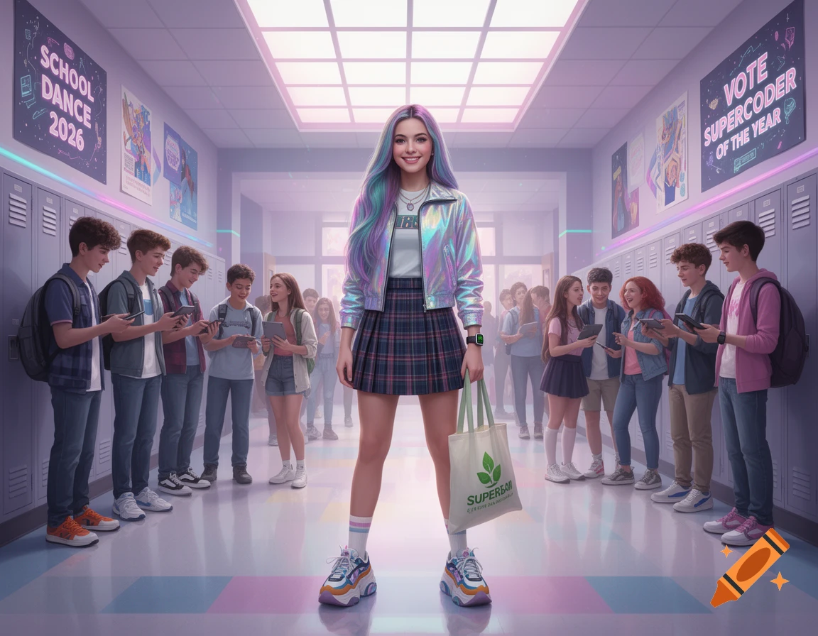A stylish girl with colorful hair stands confidently in a vibrant school hallway, holding a tote bag, with other students around her.